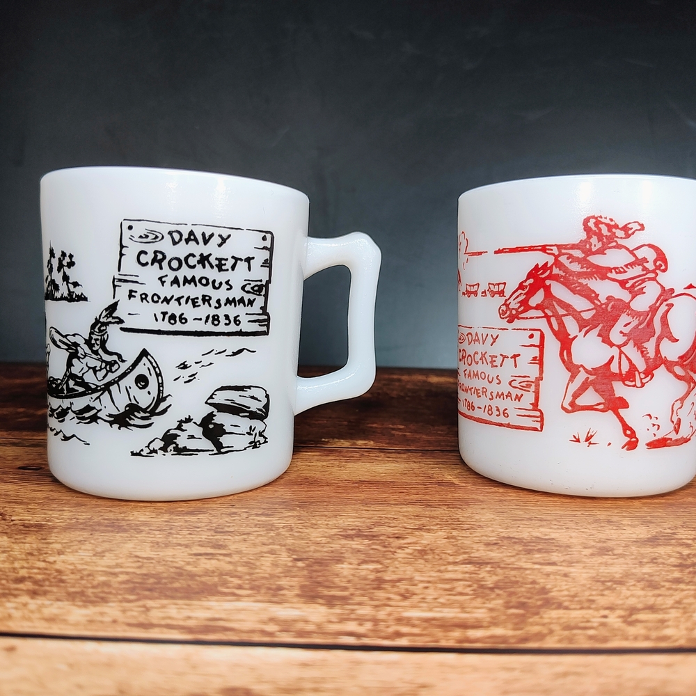 Vintage Hazel-Atlas Davy Crockett Milk Glass Mugs